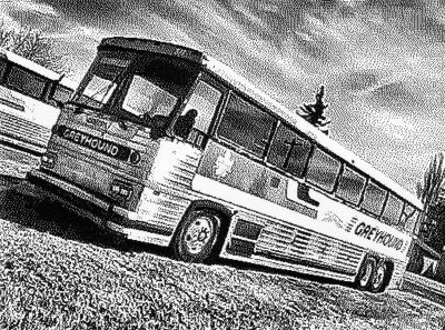 MCI coach with Greyhoud livery, Barons, AB, 2026-03-07